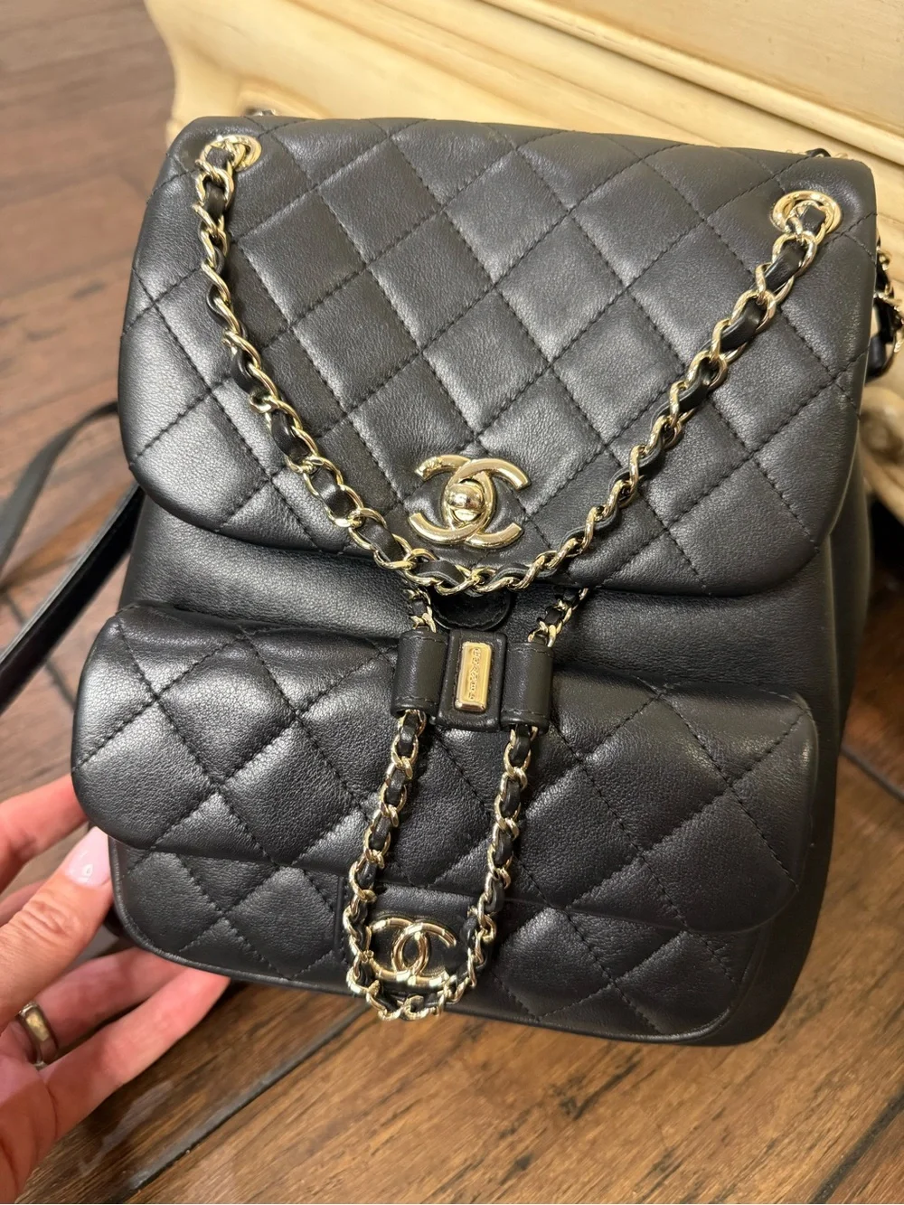 Black Quilted Leather Backpack in with Gold hardware